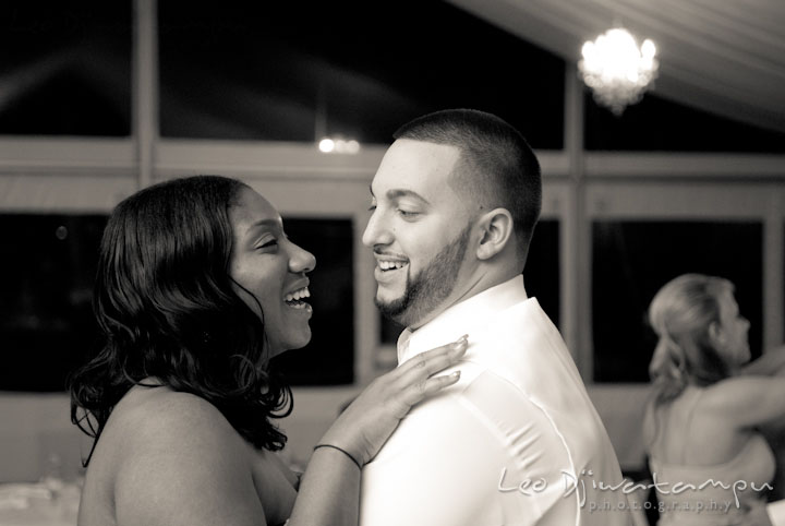 Bride and groom laughing during dance. Kitty Knight House Georgetown Maryland wedding photos by photographers of Leo Dj Photography.