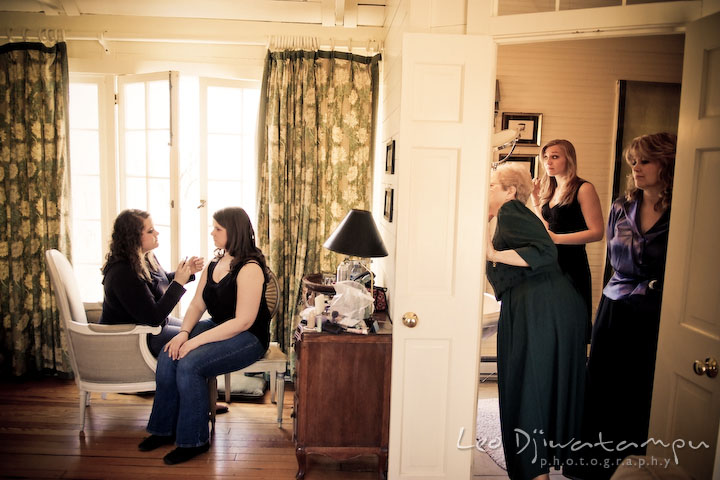 bride, maid of honor, bridesmaid, mother, grandmother, getting ready, wearing make up. Clifton Inn Charlottesville VA Destination Wedding Photographer