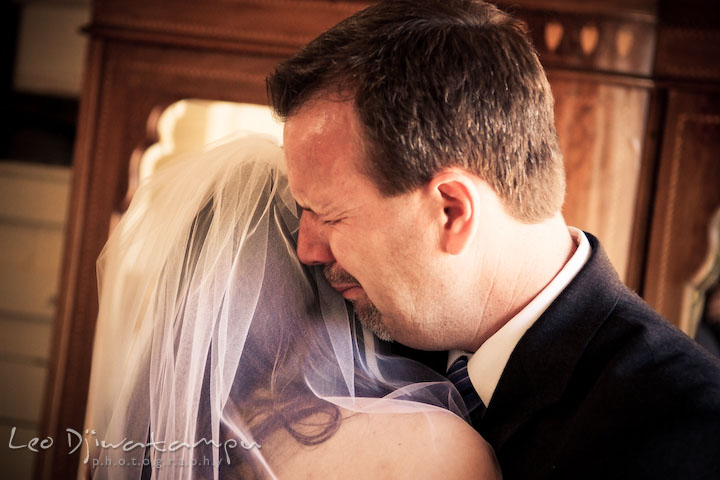 father of bride emotional, cried, hugging his daughter. Clifton Inn Charlottesville VA Destination Wedding Photographer