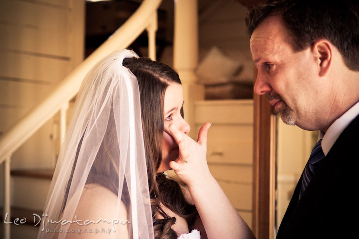 bride emotional, shed tear, looking at her father. Clifton Inn Charlottesville VA Destination Wedding Photographer