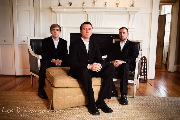 groom, best man, and groomsman posing. Clifton Inn Charlottesville VA Destination Wedding Photographer