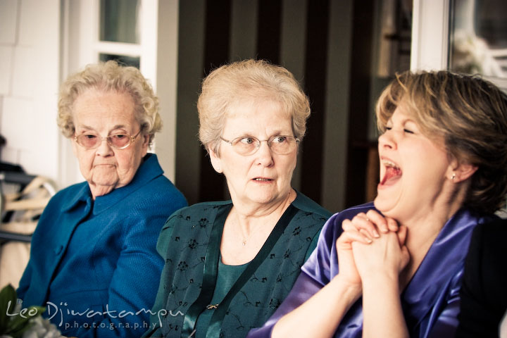 mother of the bride laughing, grandmother looking. Clifton Inn Charlottesville VA Destination Wedding Photographer