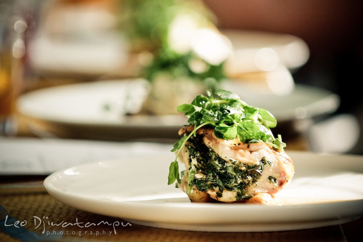 the entree for the wedding party lunch, breast of chicken stuffed with spinach and boursin, roasted, fingerling potatoes and herb pan gravy. Clifton Inn Charlottesville VA Destination Wedding Photographer