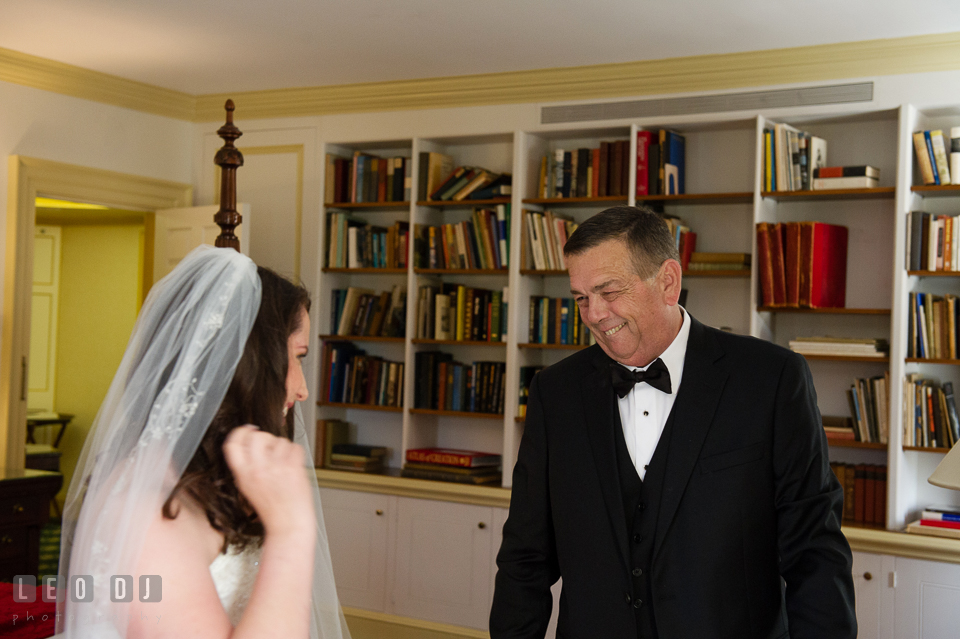 The Father of Bride, upon seeing his daughter for the first time in her wedding dress. Aspen Wye River Conference Centers wedding at Queenstown Maryland, by wedding photographers of Leo Dj Photography. http://leodjphoto.com