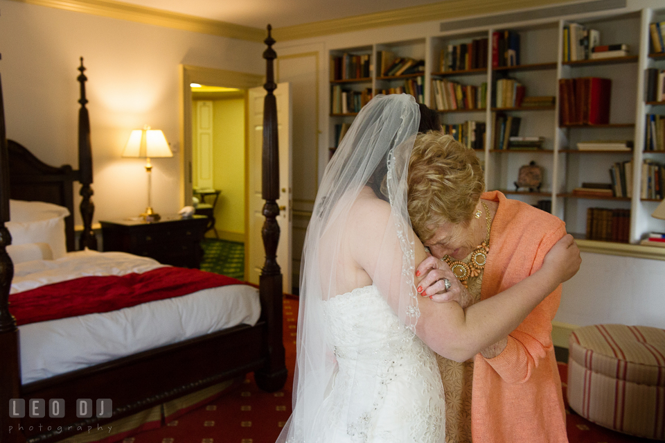 Grandmother shed tears crying seeing Bride for the first time in her wedding dress. Aspen Wye River Conference Centers wedding at Queenstown Maryland, by wedding photographers of Leo Dj Photography. http://leodjphoto.com