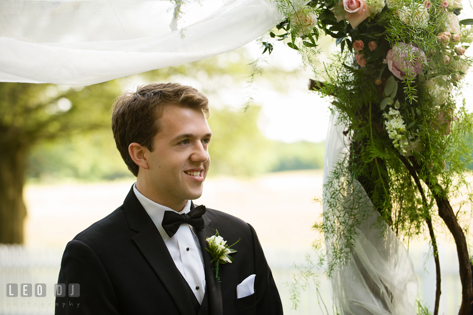 Groom's happy expression upon seeing his Bride for the first time. Aspen Wye River Conference Centers wedding at Queenstown Maryland, by wedding photographers of Leo Dj Photography. http://leodjphoto.com