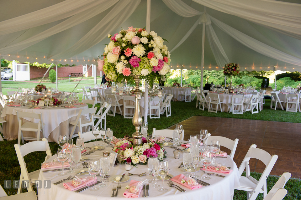 Table setting and decorations by Monteray Farms at the wedding reception. Aspen Wye River Conference Centers wedding at Queenstown Maryland, by wedding photographers of Leo Dj Photography. http://leodjphoto.com