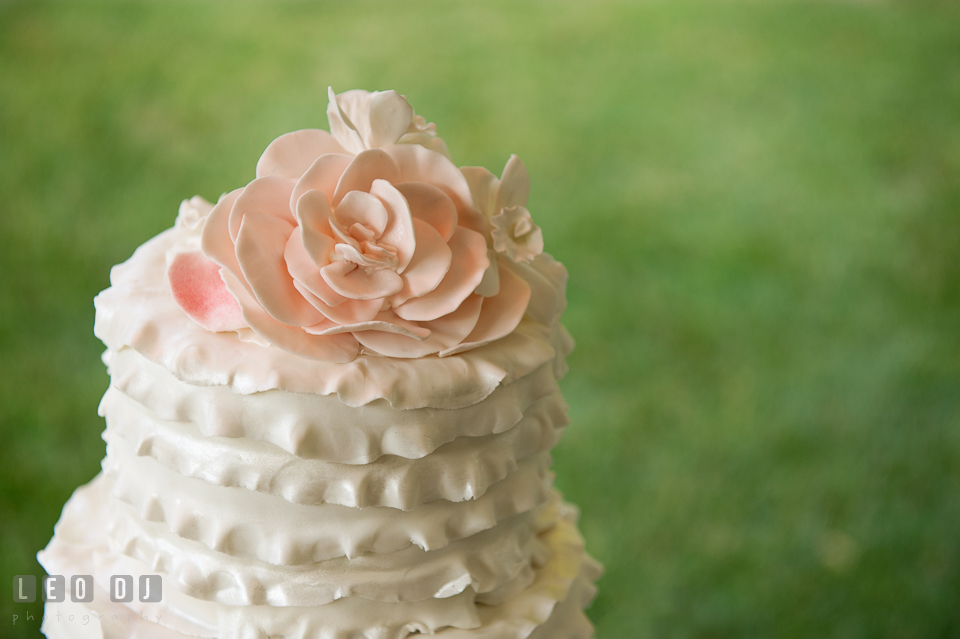 The pastel pink rose cake topper on wedding cake by Bay Country Bakery. Aspen Wye River Conference Centers wedding at Queenstown Maryland, by wedding photographers of Leo Dj Photography. http://leodjphoto.com