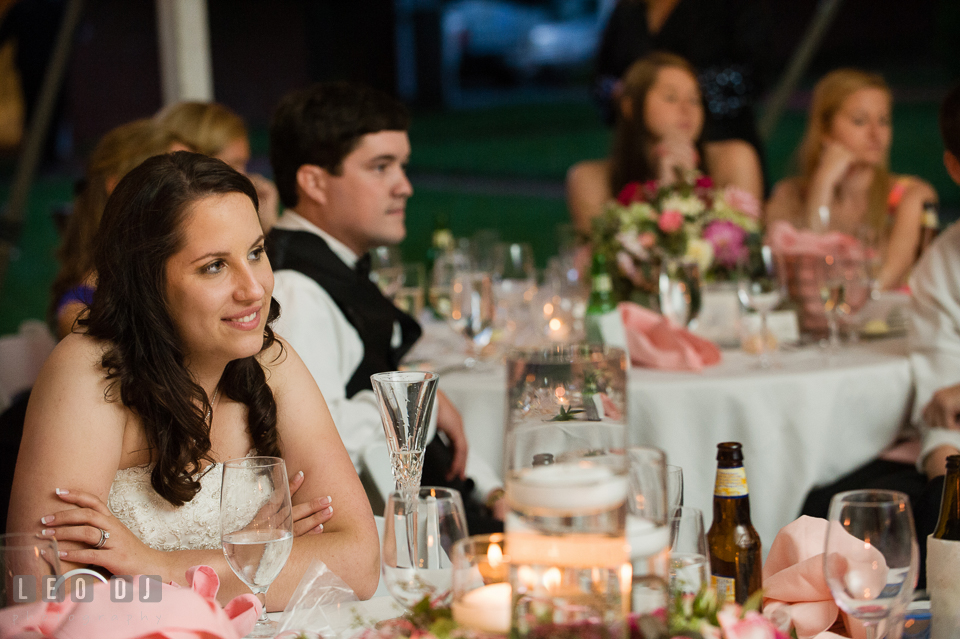 Bride smiling as she watches the parent dance. Aspen Wye River Conference Centers wedding at Queenstown Maryland, by wedding photographers of Leo Dj Photography. http://leodjphoto.com