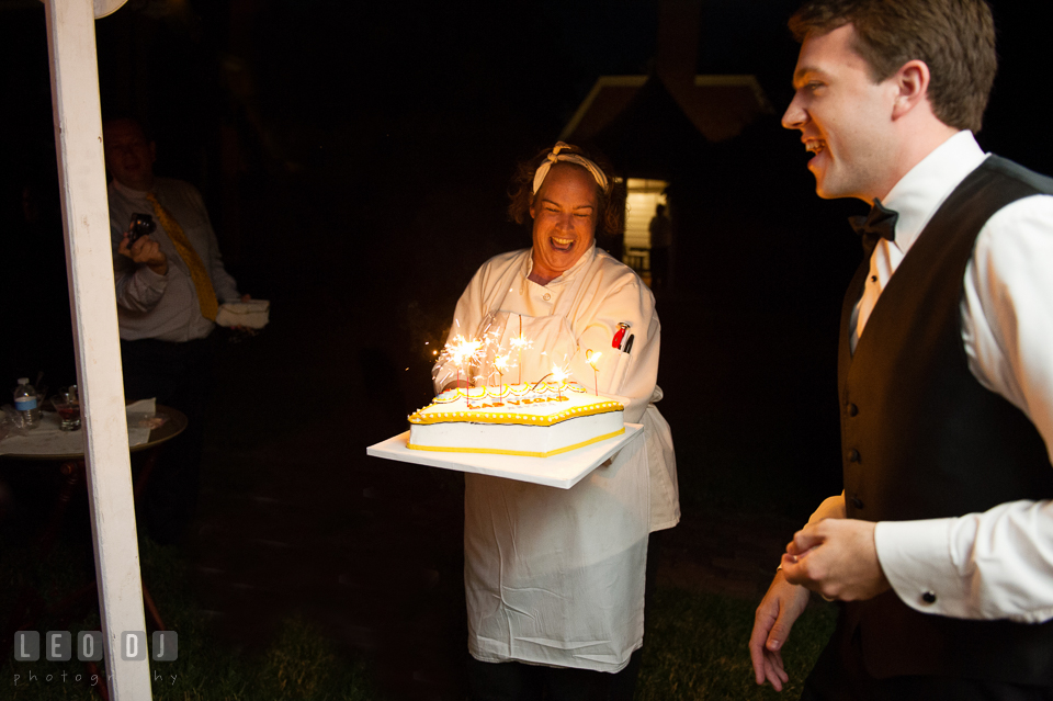 Groom's surprise birthday cake from the Bride. Aspen Wye River Conference Centers wedding at Queenstown Maryland, by wedding photographers of Leo Dj Photography. http://leodjphoto.com