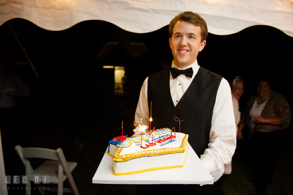 The Groom and his birthday cake with Las Vegas decoration. Aspen Wye River Conference Centers wedding at Queenstown Maryland, by wedding photographers of Leo Dj Photography. http://leodjphoto.com