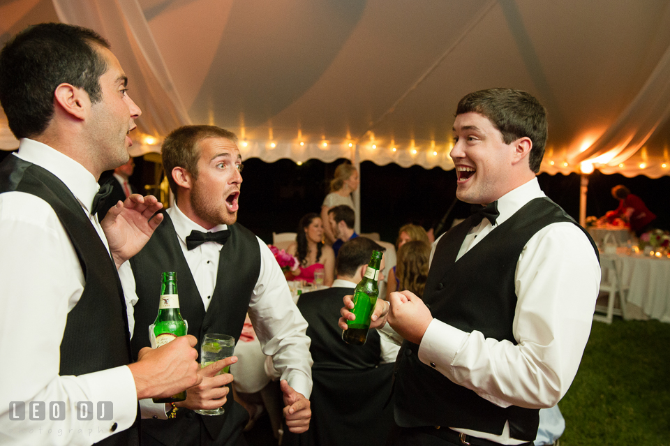 The Groomsmen partying at wedding reception. Aspen Wye River Conference Centers wedding at Queenstown Maryland, by wedding photographers of Leo Dj Photography. http://leodjphoto.com