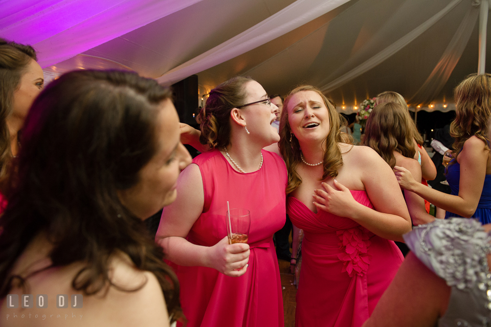 The Bridesmaids singing along at the wedding reception with music by DJ Steve Moody. Aspen Wye River Conference Centers wedding at Queenstown Maryland, by wedding photographers of Leo Dj Photography. http://leodjphoto.com