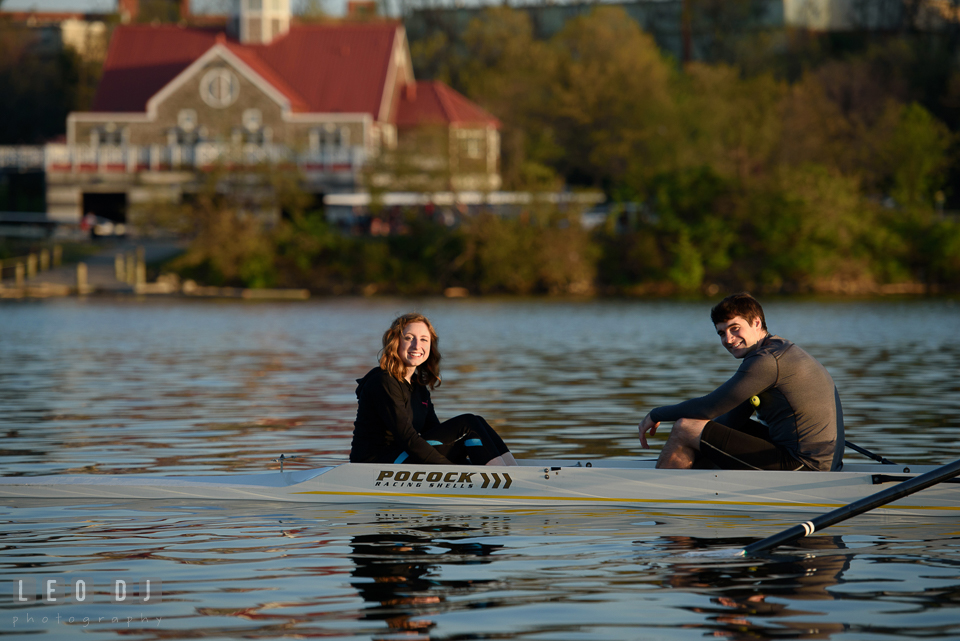 Baltimore Rowing Club Maryland boat house engaged man in boat with fiancee photo by Leo Dj Photography.