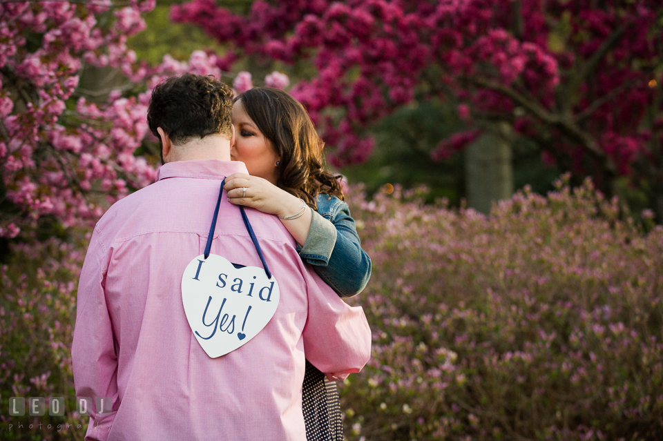Engaged girl kissed her fiancé while holding the I said Yes sign. Baltimore MD pre-wedding engagement photo session at Sherwood Gardens, by wedding photographers of Leo Dj Photography. http://leodjphoto.com