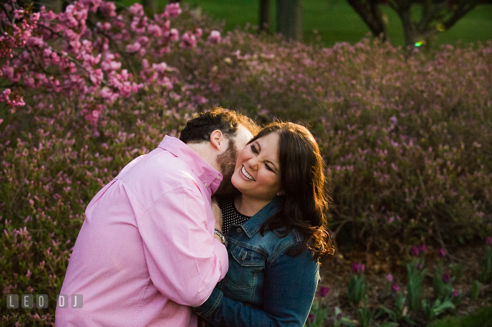 Engaged couple goofing and playing around by an azalea tree . Baltimore MD pre-wedding engagement photo session at Sherwood Gardens, by wedding photographers of Leo Dj Photography. http://leodjphoto.com