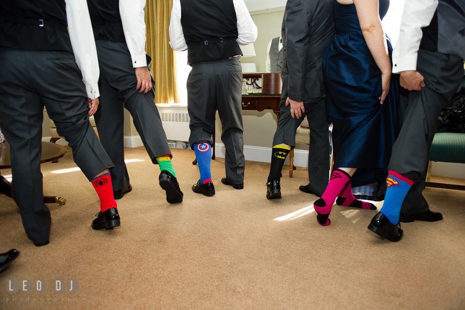 Groom, Best Man, Best Woman and Groomsmen wearing super hero socks. The Tidewater Inn wedding, Easton, Eastern Shore, Maryland, by wedding photographers of Leo Dj Photography. http://leodjphoto.com