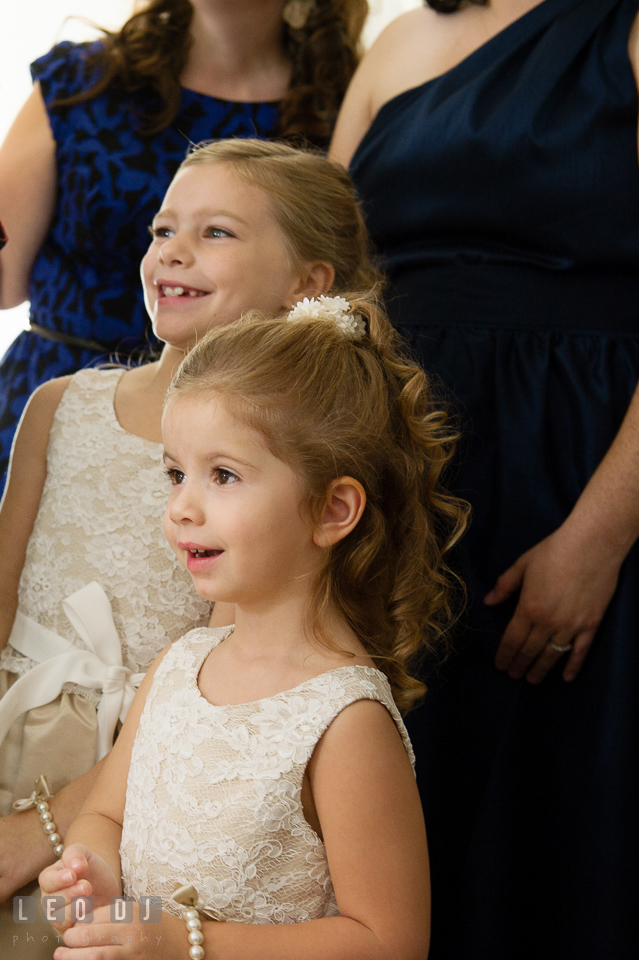 Flower girls in awe seeing the Bride in her wedding dress. The Tidewater Inn wedding, Easton, Eastern Shore, Maryland, by wedding photographers of Leo Dj Photography. http://leodjphoto.com