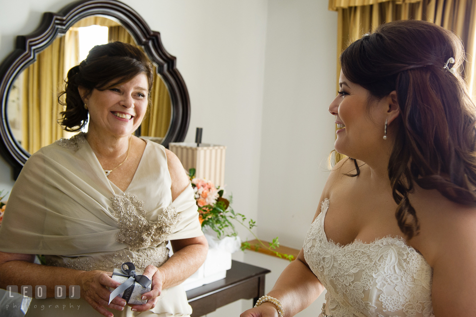 Bride and her Mother laughing together during the getting ready. The Tidewater Inn wedding, Easton, Eastern Shore, Maryland, by wedding photographers of Leo Dj Photography. http://leodjphoto.com