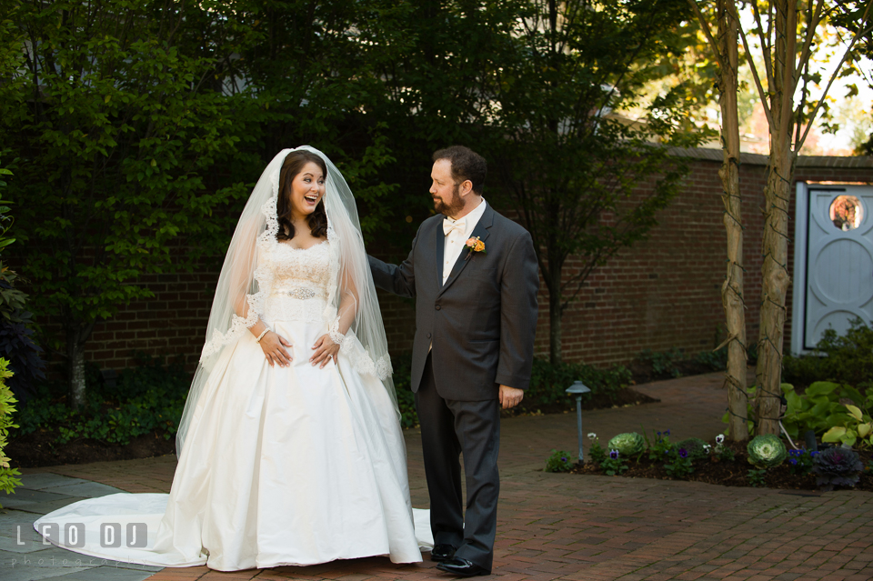 Bride and Groom seeing for the first time in their wedding outfit during the first glance. The Tidewater Inn wedding, Easton, Eastern Shore, Maryland, by wedding photographers of Leo Dj Photography. http://leodjphoto.com