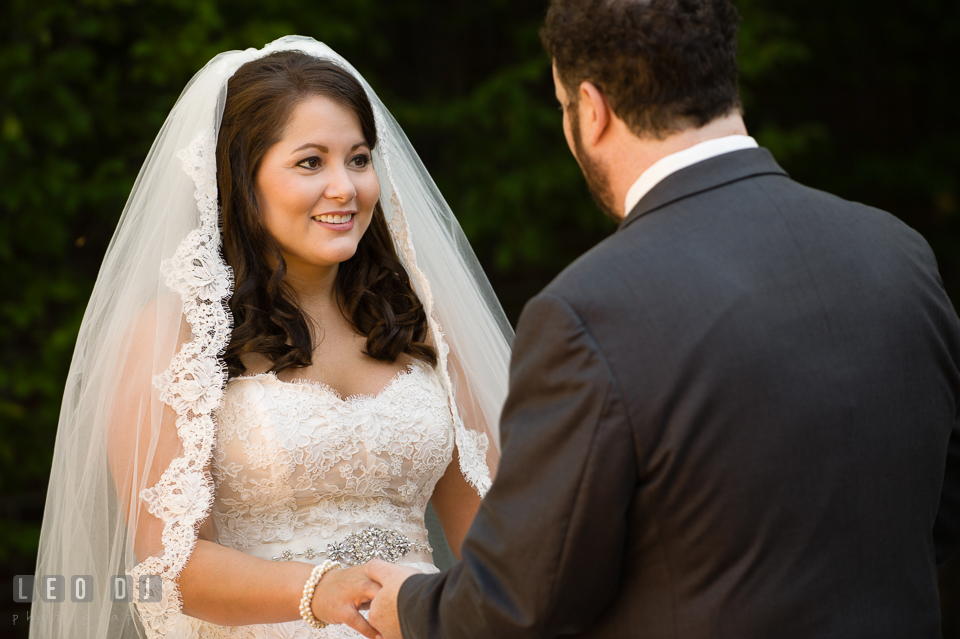 Bride and Groom admiring each other during their first look. The Tidewater Inn wedding, Easton, Eastern Shore, Maryland, by wedding photographers of Leo Dj Photography. http://leodjphoto.com