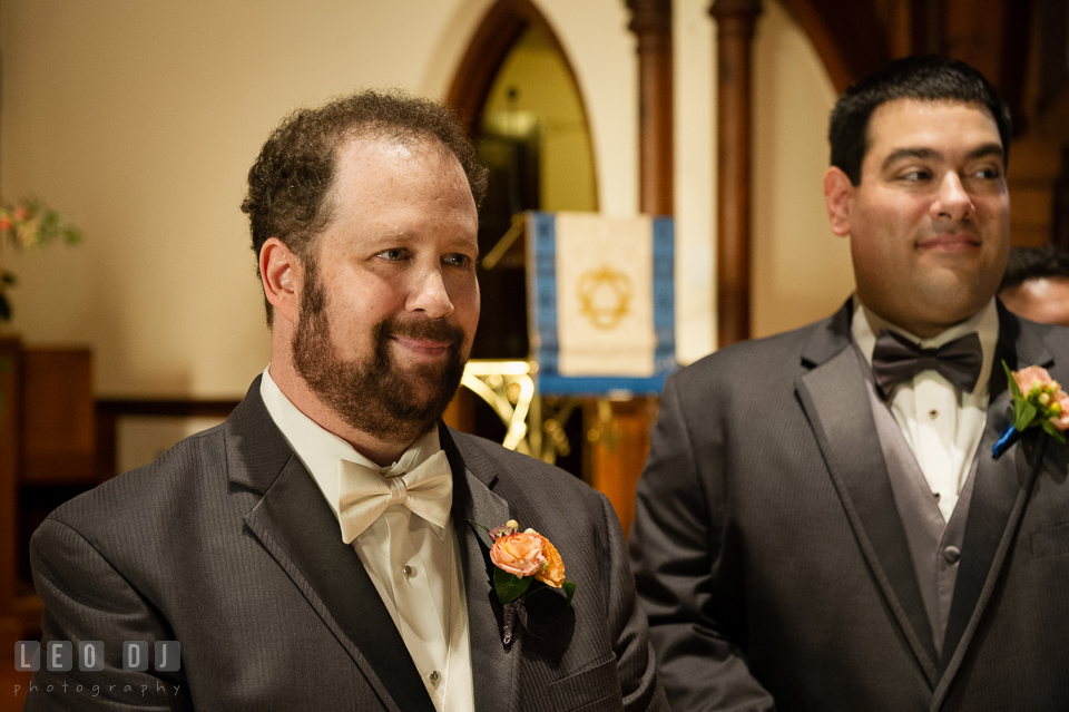 Groom’s expression was full of emotion upon seeing his Bride walked down the aisle. The Trinity Cathedral wedding, Easton, Eastern Shore, Maryland, by wedding photographers of Leo Dj Photography. http://leodjphoto.com