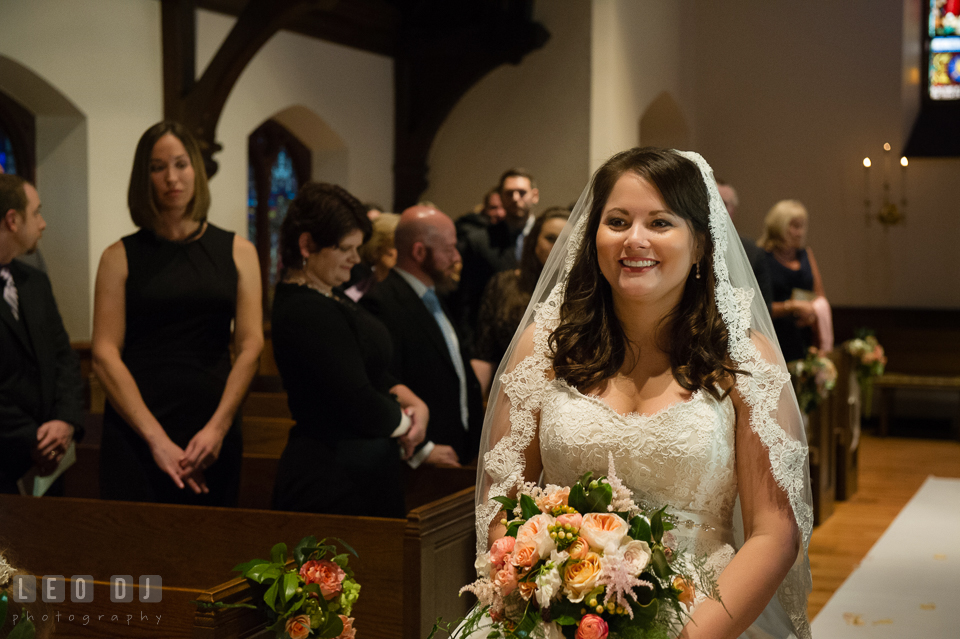 Bride smiling seeing her Groom during the processional. The Trinity Cathedral wedding, Easton, Eastern Shore, Maryland, by wedding photographers of Leo Dj Photography. http://leodjphoto.com