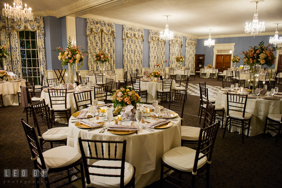 Crystal Ballroom with the table settings. The Tidewater Inn wedding, Easton, Eastern Shore, Maryland, by wedding photographers of Leo Dj Photography. http://leodjphoto.com