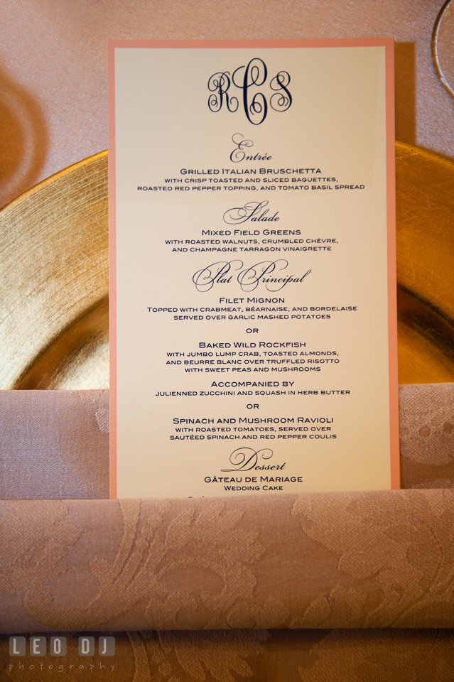 French infused dinner menu card. The Tidewater Inn wedding, Easton, Eastern Shore, Maryland, by wedding photographers of Leo Dj Photography. http://leodjphoto.com