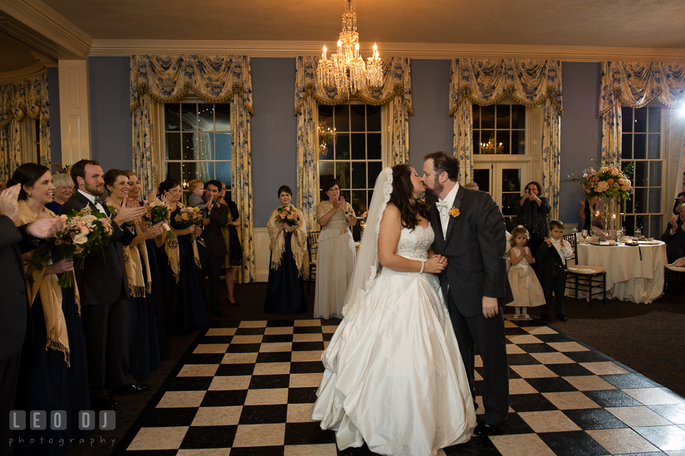 Bride and Groom kissing during the first dance, beautifully choreographed. The Tidewater Inn wedding, Easton, Eastern Shore, Maryland, by wedding photographers of Leo Dj Photography. http://leodjphoto.com