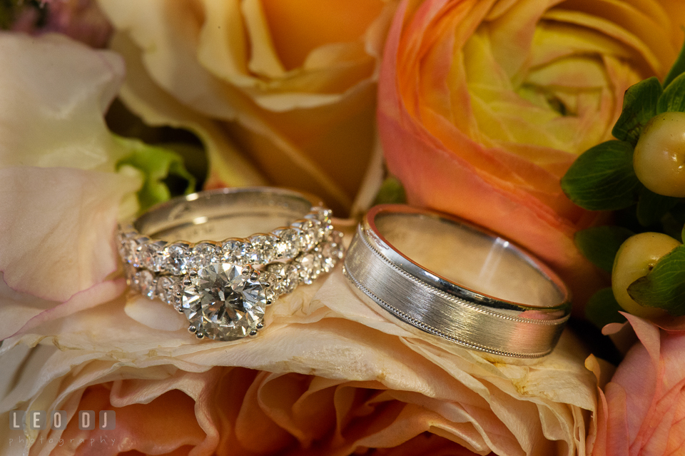 Bride and Groom's wedding bands and engagement ring. The Tidewater Inn wedding, Easton, Eastern Shore, Maryland, by wedding photographers of Leo Dj Photography. http://leodjphoto.com