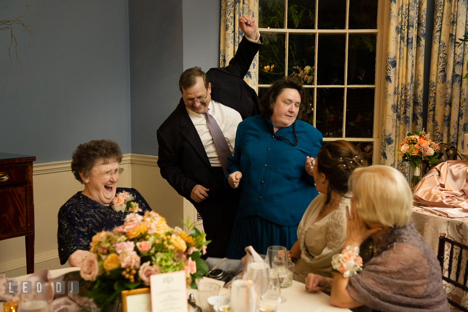 Guests silly dancing if front of Grandmother and Mother of the Bride. The Tidewater Inn wedding, Easton, Eastern Shore, Maryland, by wedding photographers of Leo Dj Photography. http://leodjphoto.com