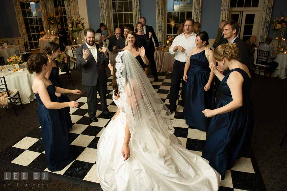 Bride, Groom, Bridesmaids, Maid of Honor and guests having fun dancing. The Tidewater Inn wedding, Easton, Eastern Shore, Maryland, by wedding photographers of Leo Dj Photography. http://leodjphoto.com