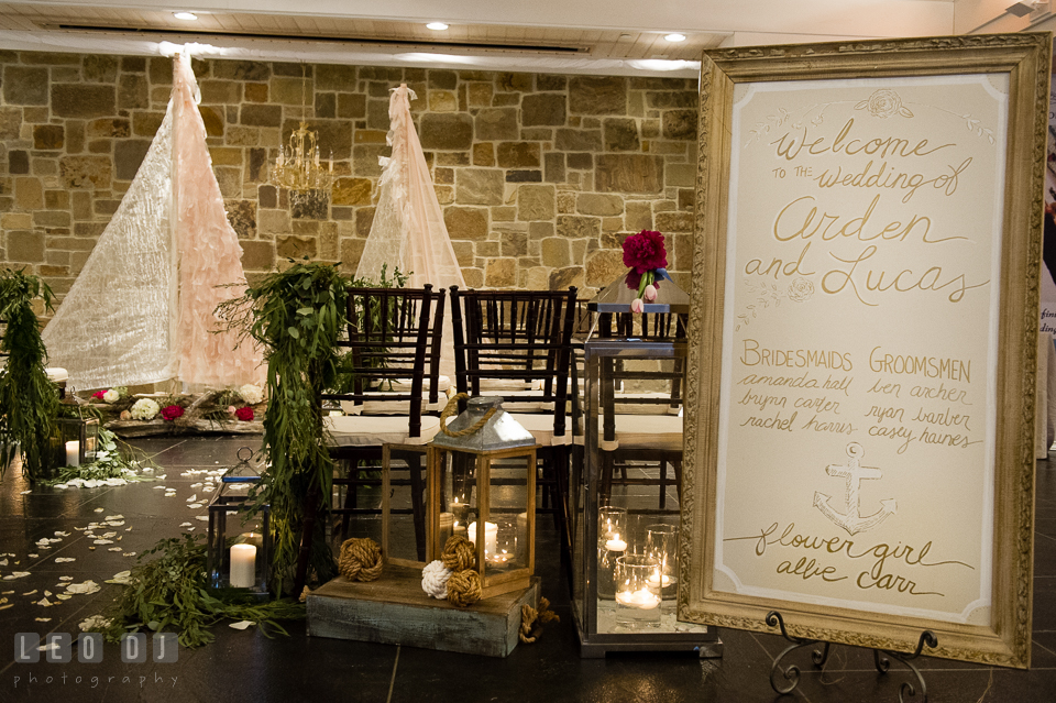 Ceremony site design with framed board of Bride, Groom, and wedding party names. Kent Island Maryland Chesapeake Bay Beach Club Bow Ties and Bubbly wedding show photos at the Breezeway, by wedding photographers of Leo Dj Photography. http://leodjphoto.com 