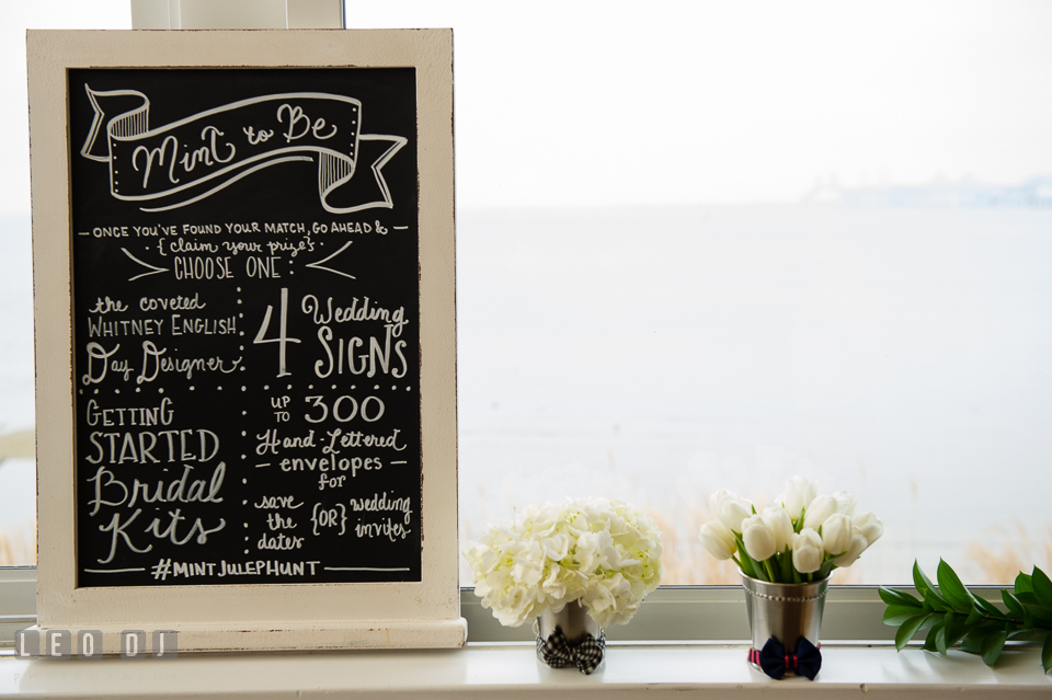 Chalkboard sign from Mint Julep, Historic Events Wedding and Event Planning. Kent Island Maryland Chesapeake Bay Beach Club Bow Ties and Bubbly wedding show photos at the Tavern Bayside, by wedding photographers of Leo Dj Photography. http://leodjphoto.com