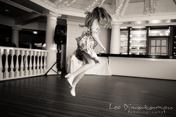 girl jumping high on dance floor. Kent Manor Inn Wedding Photography Kent Island MD Photographer