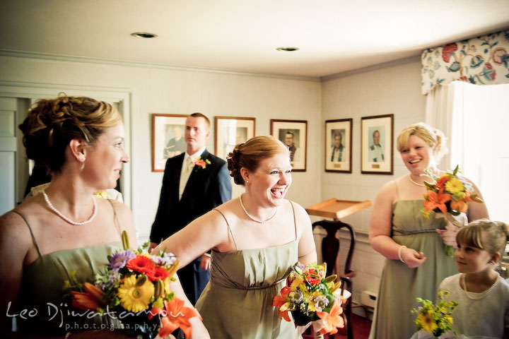 Maid of honor and bridesmaids laughing. Kent Island Methodist Church KIUMC Wedding Photographer Maryland