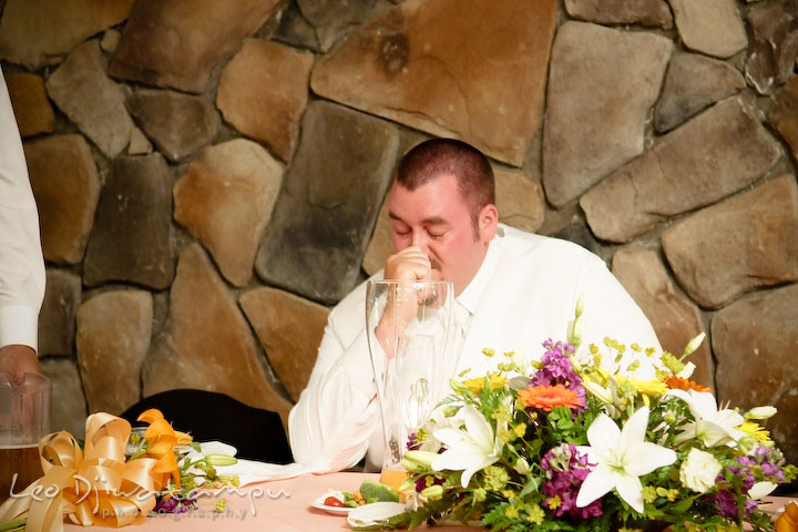 Groom cried listenig to best man's speech. Kent Island Flowers MD American Legion Wedding Photographer