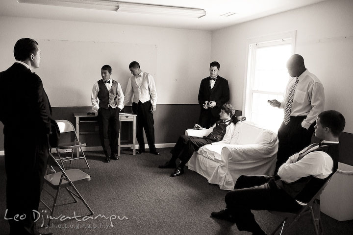 The guys (groom, best man, groomsmen, and father of the bride) waiting to be called by the organizer. Stafford Virginia Wedding Photographer
