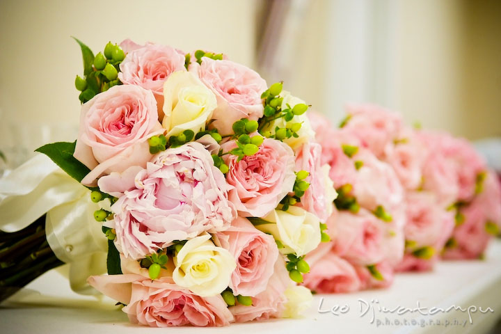 Bride's, maid of honor's and bridesmaids' white and pink rose flower bouquets. Stafford Virginia Wedding Photographer
