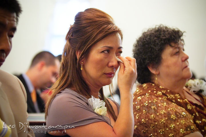 Mother of groom shed a tear during the wedding vow. Stafford Virginia Wedding Photographer