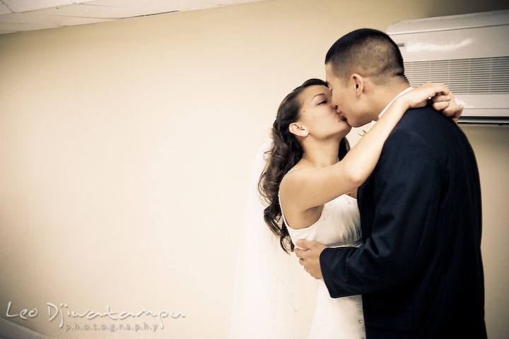 Bride and groom kissing after the ceremony. Stafford Virginia Wedding Photographer