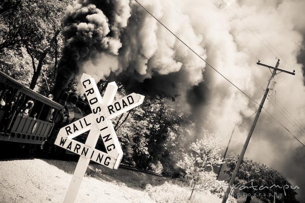 railroad crossing warning sign, train crossing, blowing smoke, cass, west virginia, photography