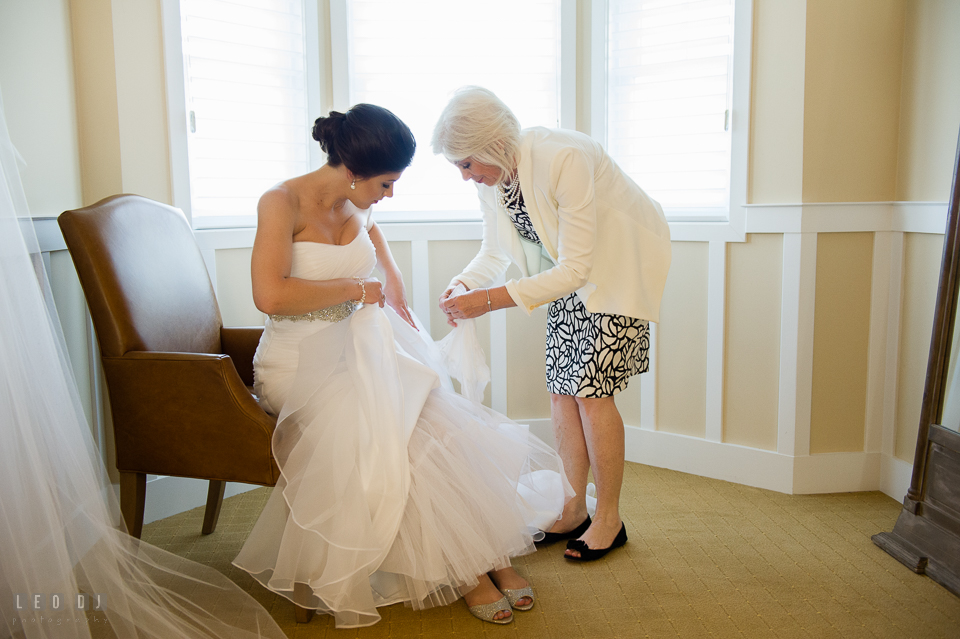 Kent Island Maryland Mother of Bride sew something old onto wedding dress photo by Leo Dj Photography