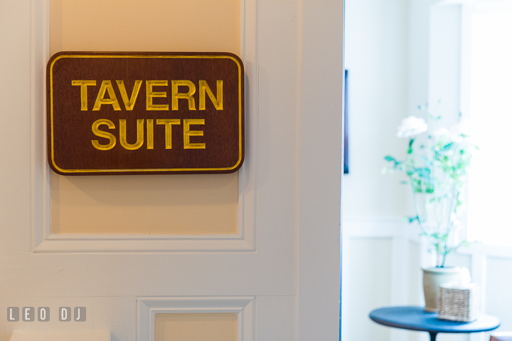 Tavern Suite sign at the entrance. Kent Island Maryland Chesapeake Bay Beach Club wedding ceremony and getting ready photo, by wedding photographers of Leo Dj Photography. http://leodjphoto.com