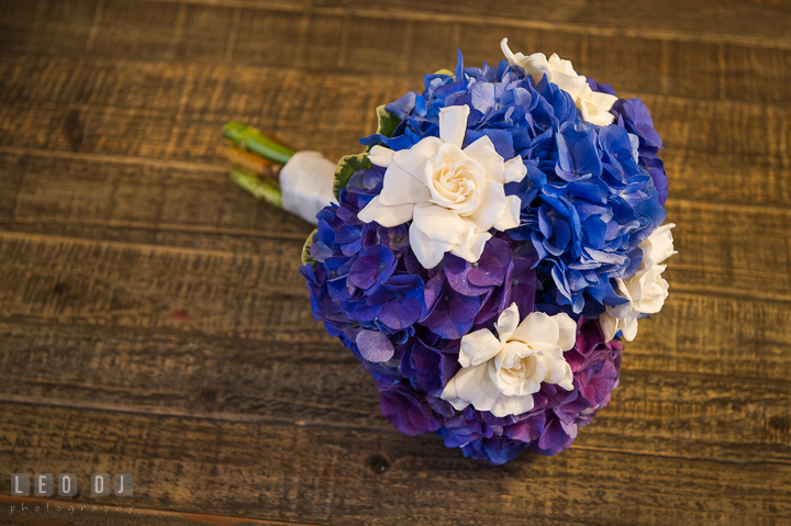 White roses and blue violet hydrangeas flower bouquet by Cache Fleur. Kent Island Maryland Chesapeake Bay Beach Club wedding ceremony and getting ready photo, by wedding photographers of Leo Dj Photography. http://leodjphoto.com