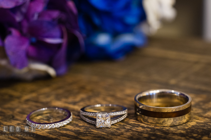 Diamond engagement ring and Bride and Groom's wedding bands. Kent Island Maryland Chesapeake Bay Beach Club wedding ceremony and getting ready photo, by wedding photographers of Leo Dj Photography. http://leodjphoto.com