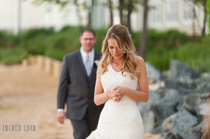 Bride not realzing Groom is close by during first glance. Kent Island Maryland Chesapeake Bay Beach Club wedding ceremony and getting ready photo, by wedding photographers of Leo Dj Photography. http://leodjphoto.com