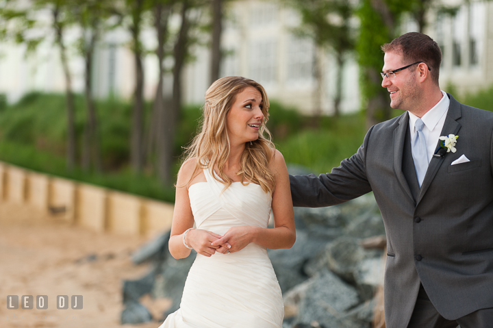 Bride and Groom meet the first time in their wedding outfit. Kent Island Maryland Chesapeake Bay Beach Club wedding ceremony and getting ready photo, by wedding photographers of Leo Dj Photography. http://leodjphoto.com