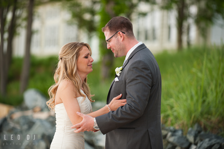 Bride emotional seeing Groom the first time in his tuxedo. Kent Island Maryland Chesapeake Bay Beach Club wedding ceremony and getting ready photo, by wedding photographers of Leo Dj Photography. http://leodjphoto.com